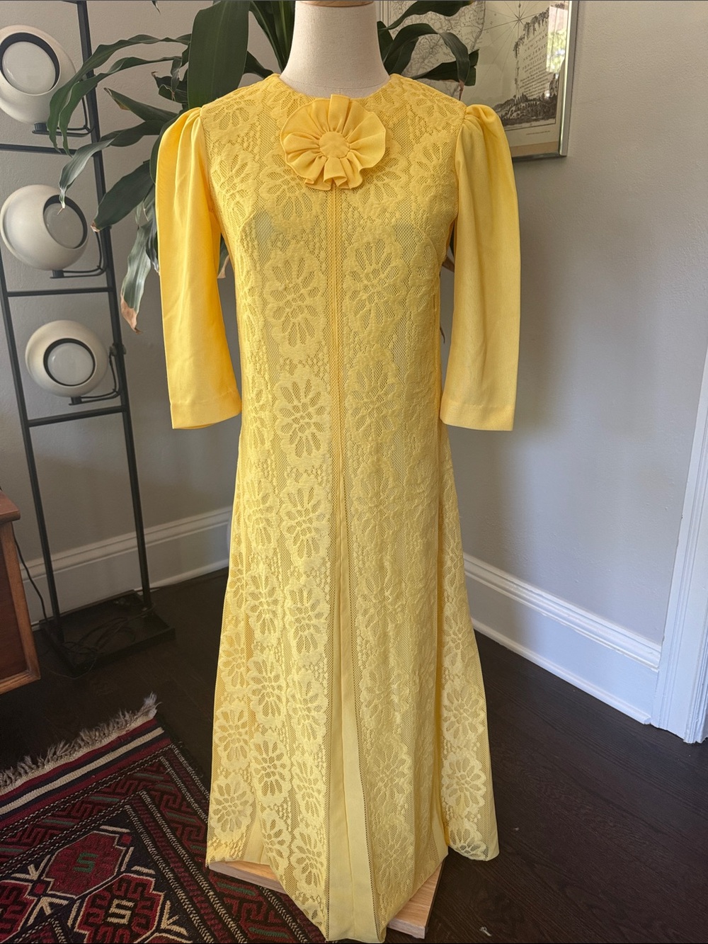 Vintage Yellow Lace Maxi Dress with Rosette Neckline